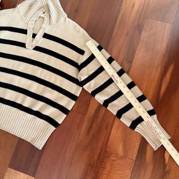Lilysilk The Gilly Striped Tan Sweater 100% Merino Wool Pullover Preppy Luxe M - Picture 3 of 7
